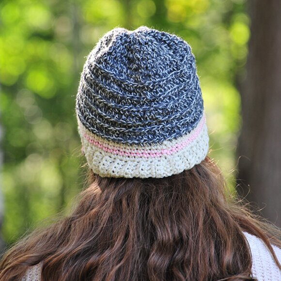 Handmade Grey and Pink Sock Monkey Hat, Crochet Wool Toque Made in Canada - Picture 3 of 5